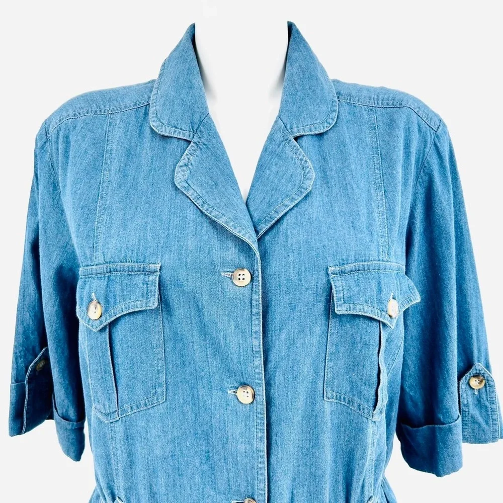 Vintage 80s 90s denim shirt dress UK 12 button up Knee length chambray cotton - Picture 4 of 7